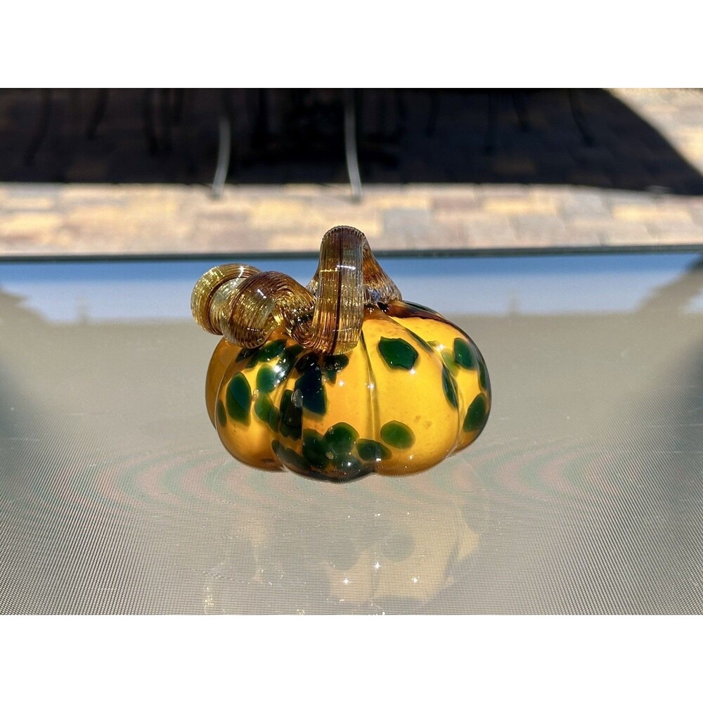 Hand Blown Amber Curly Stem Green Orange Glass Pumpkin Thanksgiving Fall Decor
